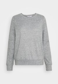 Grauer Pullover mit Rundhalsausschnitt, langen Ärmeln und gerippten Bündchen. Hergestellt aus einem weichen, strukturierten Stoff mit lockerer Passform.