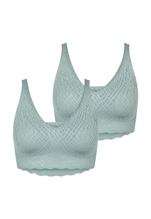 Zwei hellgraue nahtlose kabellose Bralettes mit einem geometrischen Netzmuster und gezackten Kanten.