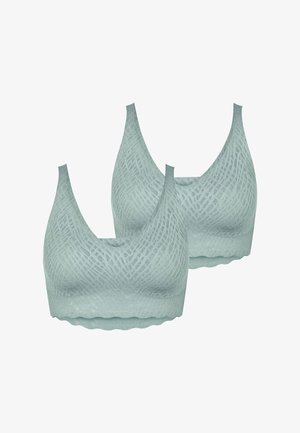 Twee lichtgrijze naadloze draadloze bralettes met een geometrisch meshpatroon en golvende randen.