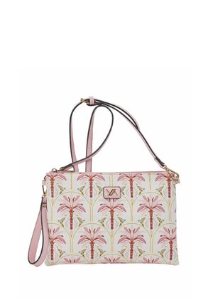 Borsa bianca con motivo di palme rosa, tracolla rosa regolabile e cinturino da polso, con dettagli in metallo dorato e patch logo.
