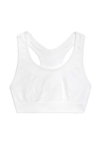 Reggiseno sportivo bianco a coste con scollatura a V e spalline larghe, progettato per il comfort con superficie strutturata e dettagli cuciti.