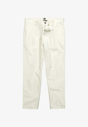 Hvide bomuldsbukser med lige ben, frontdeller, lynlås og knaplukning. Har sidelommer og en glat tekstur.