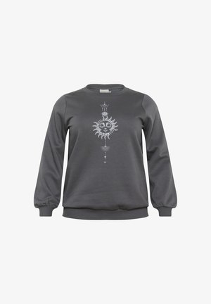 Hanorac gri realizat dintr-un material moale, având un design grafic alb cu un soare și elemente decorative în centrul și partea superioară.