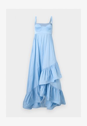 Φωτεινό γαλάζιο αμάνικο φόρεμα με εφαρμοστό μπούστο, ρυθμιζόμενους ιμάντες και ασύμμετρο βολάν στο τελείωμα.