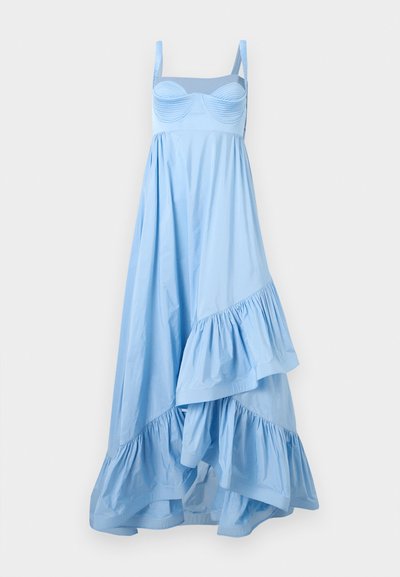 Φωτεινό γαλάζιο αμάνικο φόρεμα με εφαρμοστό μπούστο, ρυθμιζόμενους ιμάντες και ασύμμετρο βολάν στο τελείωμα.
