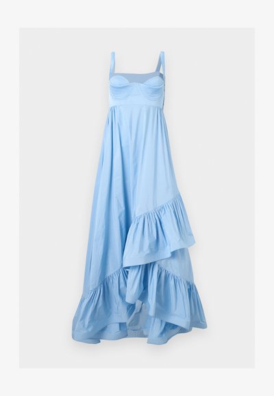 Φωτεινό γαλάζιο αμάνικο φόρεμα με εφαρμοστό μπούστο, ρυθμιζόμενους ιμάντες και ασύμμετρο βολάν στο τελείωμα.