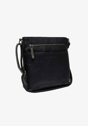 Borsa a tracolla nera in pelle con tracolla regolabile, dotata di una tasca frontale con zip e una texture liscia. Design minimalista con cuciture sottili.