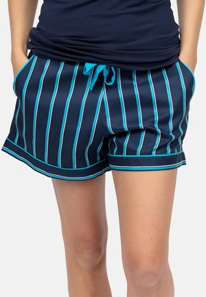 Marineblauwe zwemshorts met verticale strepen in lichtblauw en wit. Voorzien van een trekkoord in de taille en zijzakken. Glad, lichtgewicht materiaal.