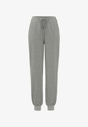 Grå sweatpants lavet af blødt stof, med elastisk talje med snøre, to sidelommer og afsluttende rib i anklerne.