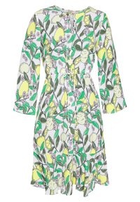 Robe à manches courtes avec un motif de citrons et de fleurs dans des tons de jaune, vert et blanc. Jupette évasée et taille réglable par cordon.