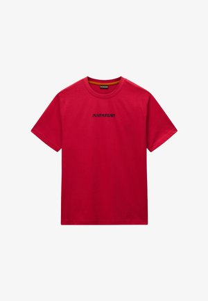 T-shirt rossa in cotone a maniche corte con logo nero "Napapijri" centrato sul petto, con scollo tondo e vestibilità standard.