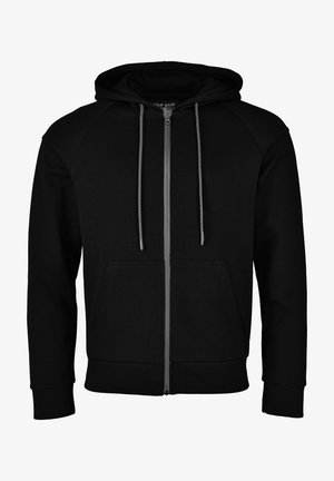 Schwarze Zip-Hoodie aus weichem Stoff. Verfügt über eine Kapuze mit Kordelzug, vordere Kängurutaschen und gerippte Bündchen sowie Saum.
