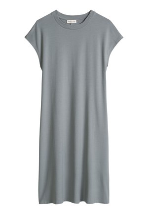 Eenvoudige lichtgrijze mouwloze jurk met ronde hals en een losse pasvorm, knielengte, gemaakt van zachte, soepele stof.