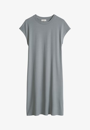 Einfaches, hellgraues ärmelloses Kleid mit rundem Ausschnitt und lockerem Sitz, knielang, aus weichem, glattem Stoff gefertigt.