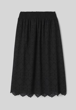 Jupe noire longueur genou avec taille élastique, broderie ajourée florale et géométrique et ourlet festonné.