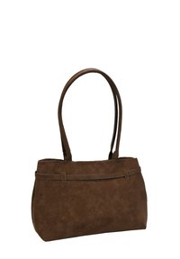 Bolso tote de ante marrón con dos asas largas, una textura suave y una banda de acento sutil alrededor del medio. Forma rectangular, diseño espacioso.