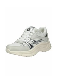 Weißer Sneaker mit silbernen Akzenten, aus Netz- und Synthesematerialien, runder Zehenform, gepolsterter Sohle und Schnürverschluss.