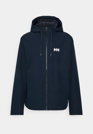 Chaqueta con capucha de color navy, hecha de una tela suave y ligera. Cuenta con un zipper en la parte frontal y un logo blanco en el lado izquierdo del pecho. Diseño sencillo.