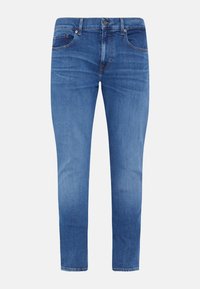 Jeans in denim azzurro chiaro con vestibilità slim, cinque tasche e chiusura con bottoni. Presentano una leggera scoloritura e dettagli di cucitura sottili.