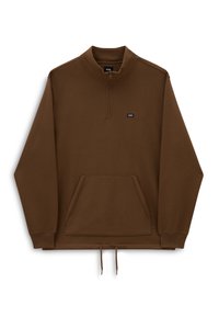Pullover in pile marrone con colletto a mezza zip, tasca frontale, cordoncino regolabile e dettagli cuciti. Logo sul petto.
