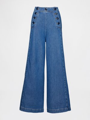 High-waisted denim wide-leg trousers in medium blue, featuring six side buttons, clean seams, and a textured finish.
