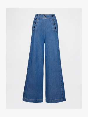 High-waisted denim wide-leg trousers in medium blue, featuring six side buttons, clean seams, and a textured finish.