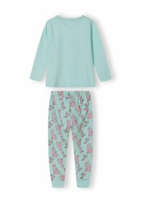 Conjunto de pijama verde menta con camiseta de manga larga y pantalones estampados con gatos rosa. Hecho de tela suave, con cintura elástica.