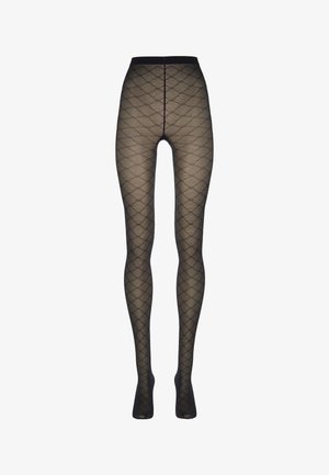 Collant opachi neri con motivo a rombi, cintura elastica ampia e texture liscia, progettati per una vestibilità aderente.