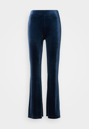 Navy blue sametti leveälahkeiset housut, joissa on sileä pinta ja joustava vyötärö, ominaisuutena istuva muotoilu ja leveät lahkeet alaosassa.