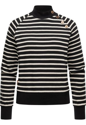 Striped sweater in black and cream, featuring a mock neck, raglan sleeves, and three decorative wooden buttons on the shoulder.