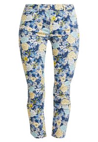 Blommönstrade jeans med en blå bakgrund, med vita, gula och ljusblå blommor. Slim fit med knappstängning och fickor.