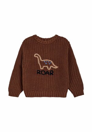 Brauner gestrickter Pullover mit einem gerippten Kragen. Verfügt über ein Dinosaurierdesign und "ROAR" in Schwarz, akzentuiert mit hellblauen Flecken.