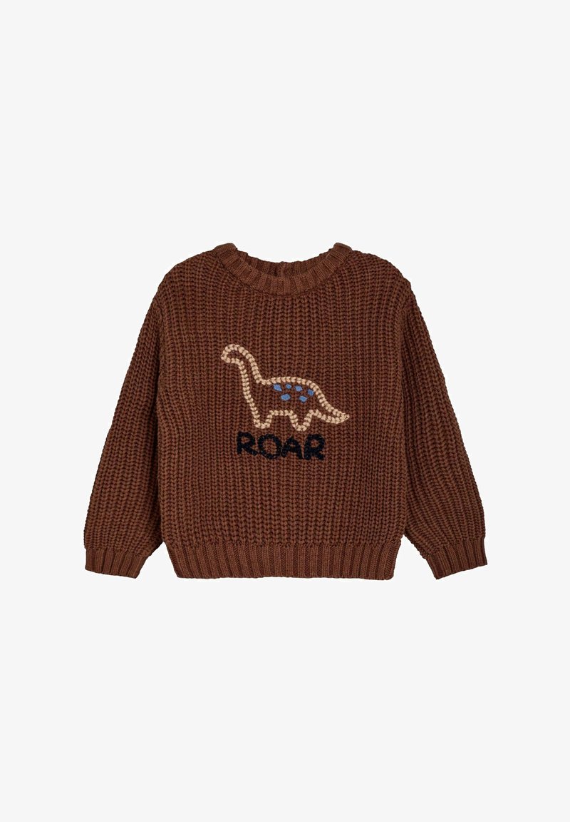 Maglione lavorato a maglia marrone con un colletto a coste. Presenta un design di dinosauro e la scritta "ROAR" in nero, accentuata da macchie azzurre chiare.