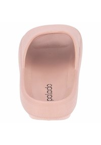 Pink slip-on shoe featuring a textured upper with a honeycomb pattern, open back, and a smooth interior. Brand logo visible inside.