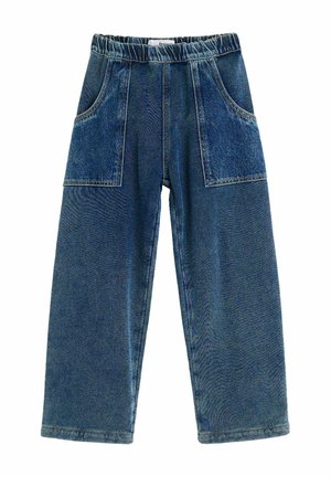 Blaue Jeanshose mit weitem Bein, elastischem Bund und großen aufgesetzten Fronttaschen.