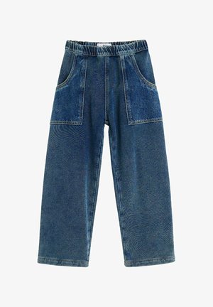 Blaue Jeanshose mit weitem Bein, elastischem Bund und großen aufgesetzten Fronttaschen.
