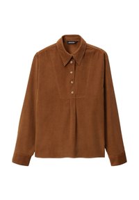 Chemise en velours côtelé marron avec un devant à boutons, un col, des manches longues et un détail de conception plissé. Comprend cinq boutons et une texture douce.