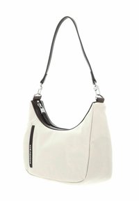 Sac à épaule blanc en matériau lisse avec une forme incurvée. Il présente une bordure supérieure de couleur brun foncé, une fermeture zippée et une bandoulière.