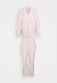 Rosa rutigt tvådelat pyjamasset med en knapp-up långärmad topp och byxor med elastisk midja och avslappnad passform.