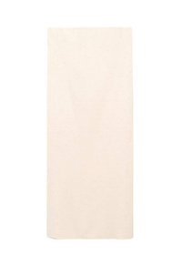 Vaaleanbeige pyyhe, jossa on teksturoitu, poimutettu kuvio. Suorakulmainen muoto, pehmeä kangas, reunat on huoliteltu ja koristuksia ei ole näkyvissä.