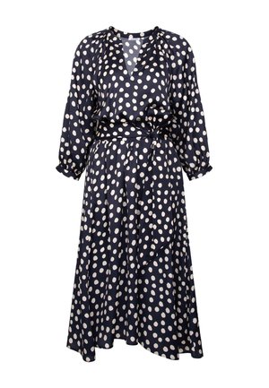 Vestito midi blu navy con pois bianchi, maniche lunghe, scollo a V e cintura annodata in vita, realizzato in tessuto fluido.