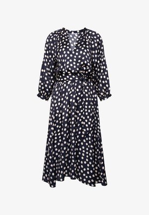 Robe midi bleu marine à pois blancs, manches longues, col en V, ceinture nouée à la taille, en tissu fluide.