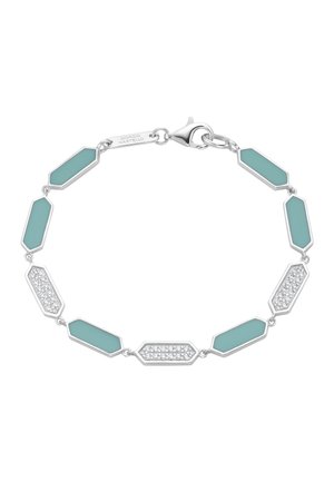 Silver bracelet with alternating turquoise and crystal-encrusted hexagonal links, featuring a lobster clasp and Giorgio Martello engraving.
