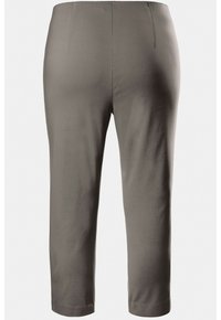 Grå cropped bukser med en glat tekstur, elastisk talje og lige ben-design. Har minimal syning på bagsiden for et rent udseende.