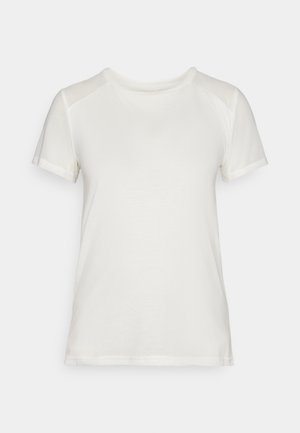 Weißes T-Shirt mit kurzen Ärmeln aus weichem Stoff, mit Rundhalsausschnitt und lockerer Passform sowie glatten, nahtlosen Schulterakzenten.