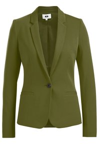 Olivgrön kavaj med en ensam svart knapp, snedskurna slag, strukturerade axlar och två framfickor, tillverkad av ett glatt tyg.