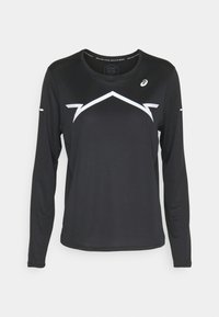 T-shirt de sport à manches longues noir avec un design angulaire blanc sur la poitrine et un petit logo blanc sur la partie supérieure de la poitrine et les manches.
