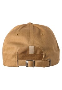 Verstelbare bruine pet gemaakt van katoen twill. Beschikt over een stoffen strap met een metalen gesp en gestikte oogjes voor ventilatie.