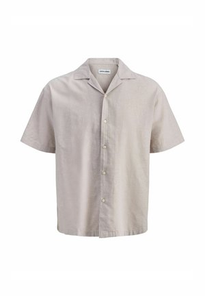 Beżowa koszula z krótkim rękawem zapinana na guziki, z kołnierzykiem, o jednolitym wzorze i pięcioma guzikami z przodu, metka pokazująca markę 'Jack & Jones'.