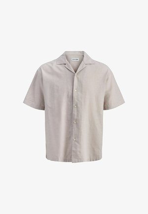 Beige overhemd met korte mouwen, knoopsluiting, kraag, eenvoudig ontwerp en vijf knopen aan de voorkant, met label van het merk 'Jack & Jones'.